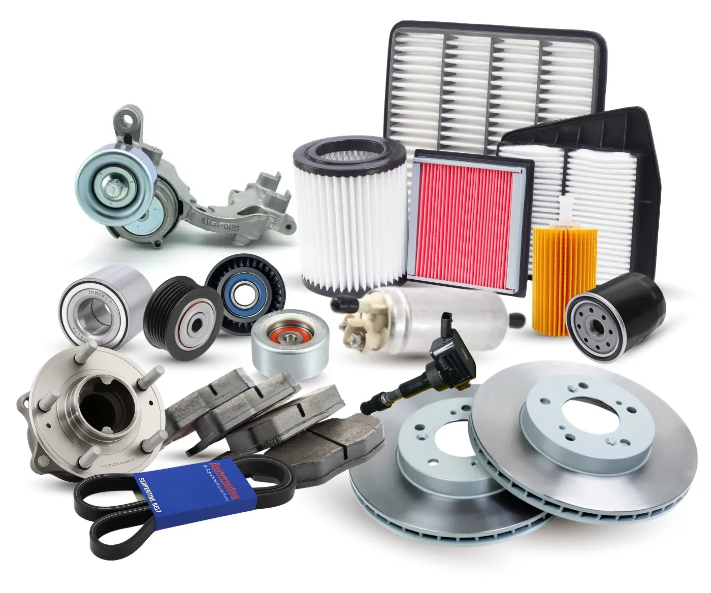 Asianautos replacement parts: brake rotors and pads, air, cabin and oil filters, wheel hub and bearing, belt tensioner and pulleys, ignition coil, fuel pump and serpentine belt