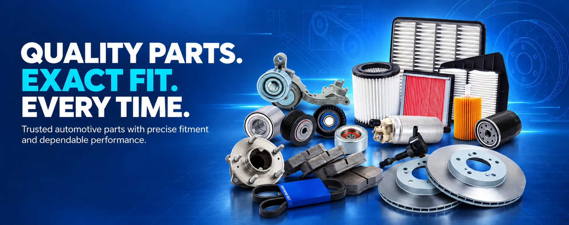 Asianautos replacement parts: air, cabin and oil filters, brake rotors and pads, wheel hub and bearing, belt tensioner and pulleys, ignition coil, fuel pump and serpentine belt